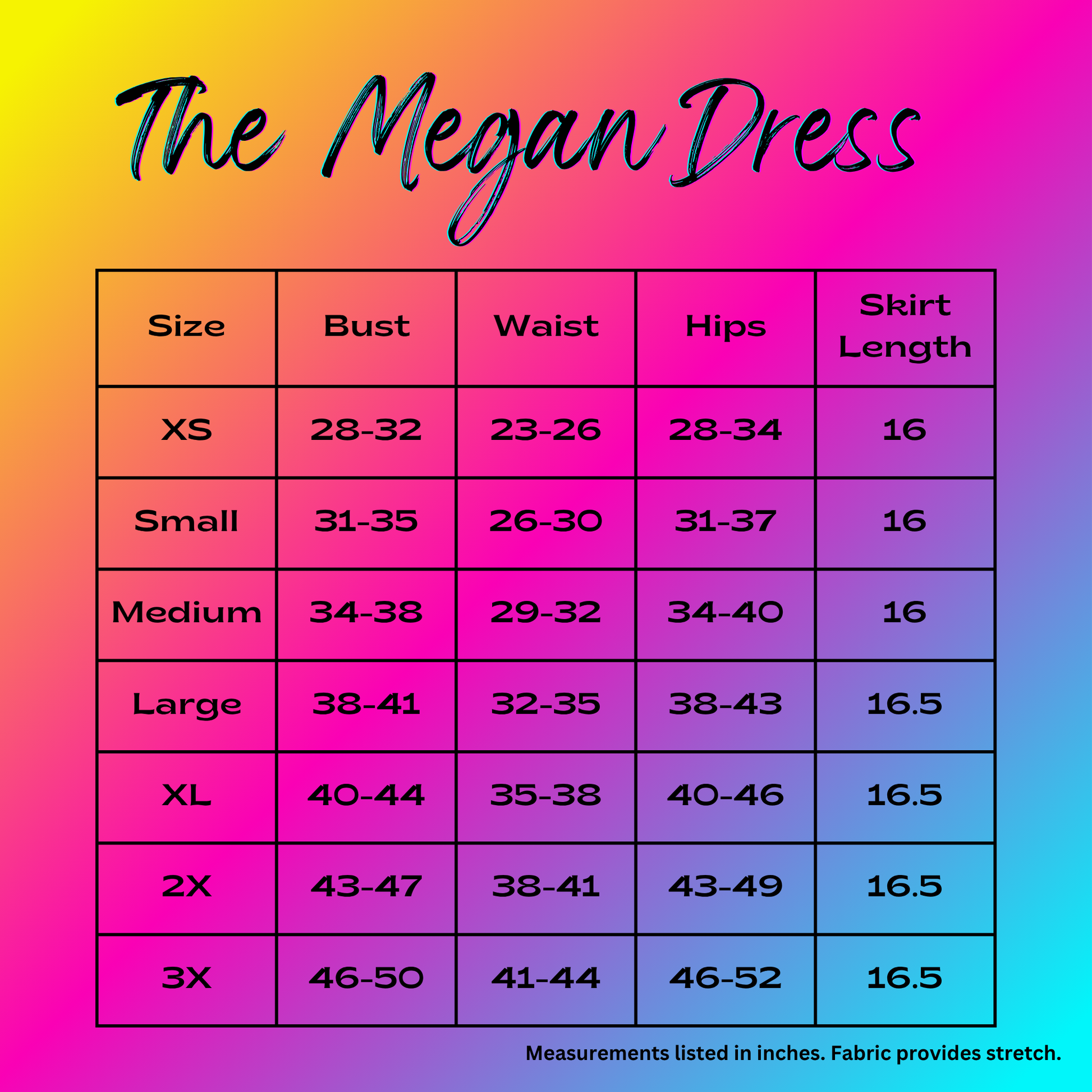 size chart for the Megan dress