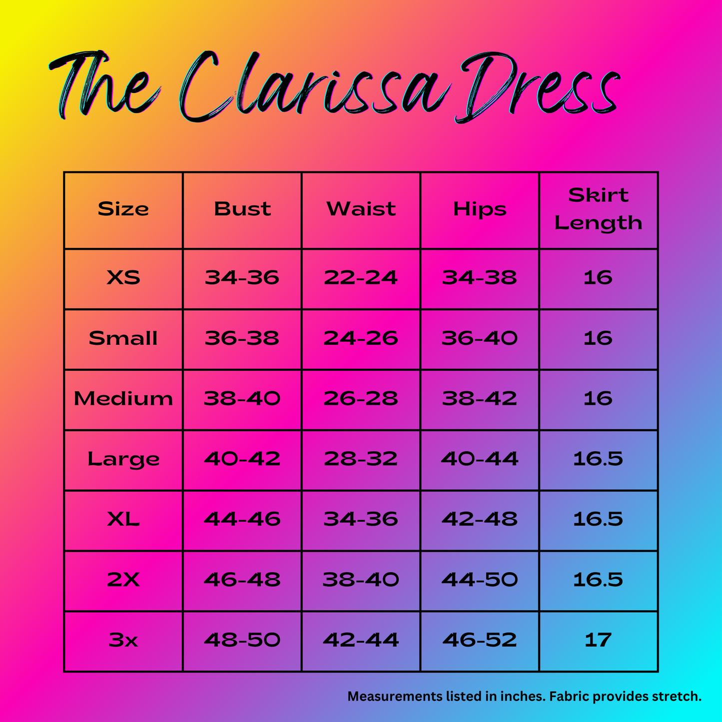 Size chart for 'The Clarissa Dress' with measurements on a gradient background