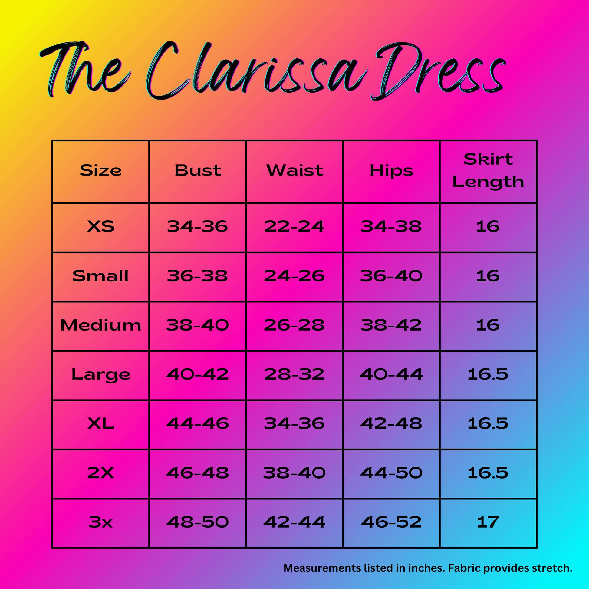 Size chart for 'The Clarissa Dress' with measurements on a gradient background