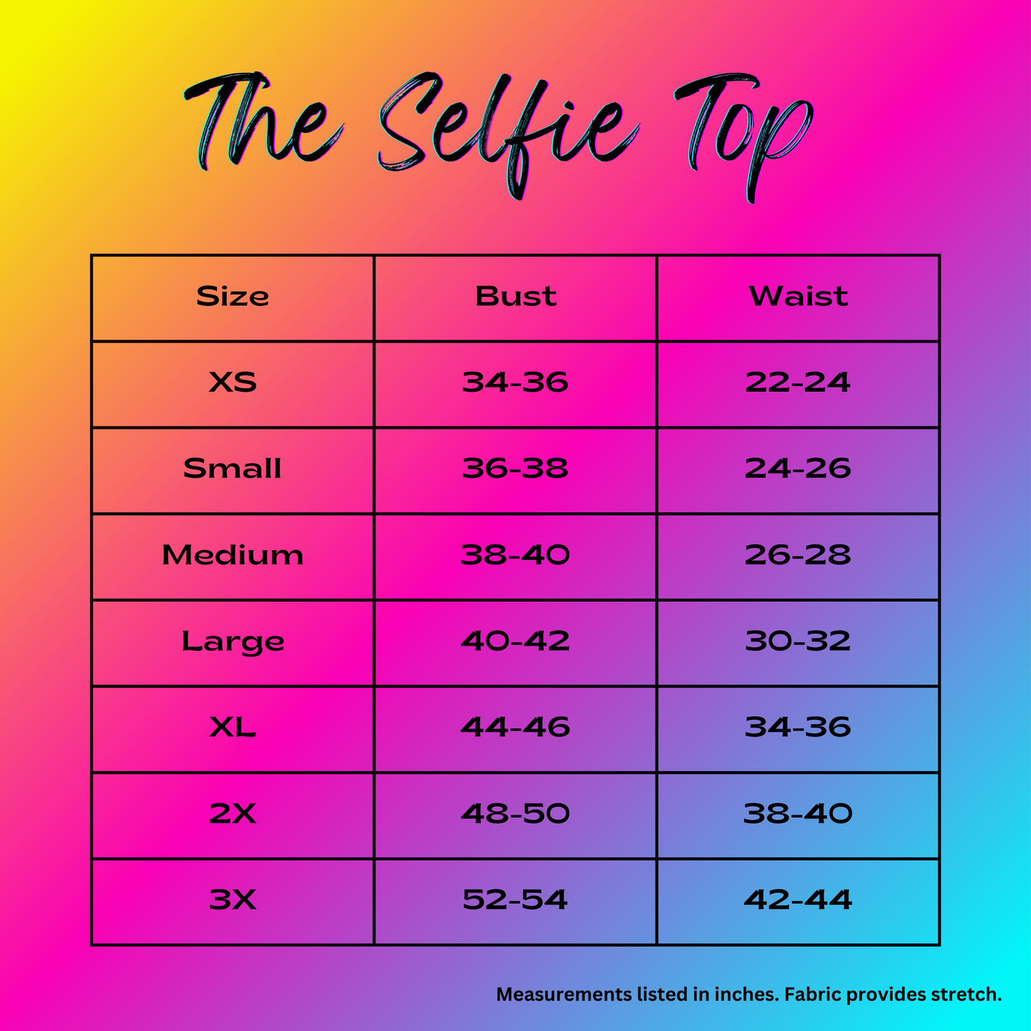 selfie top size chart, casstastropheshop.com, shop casstastrophe