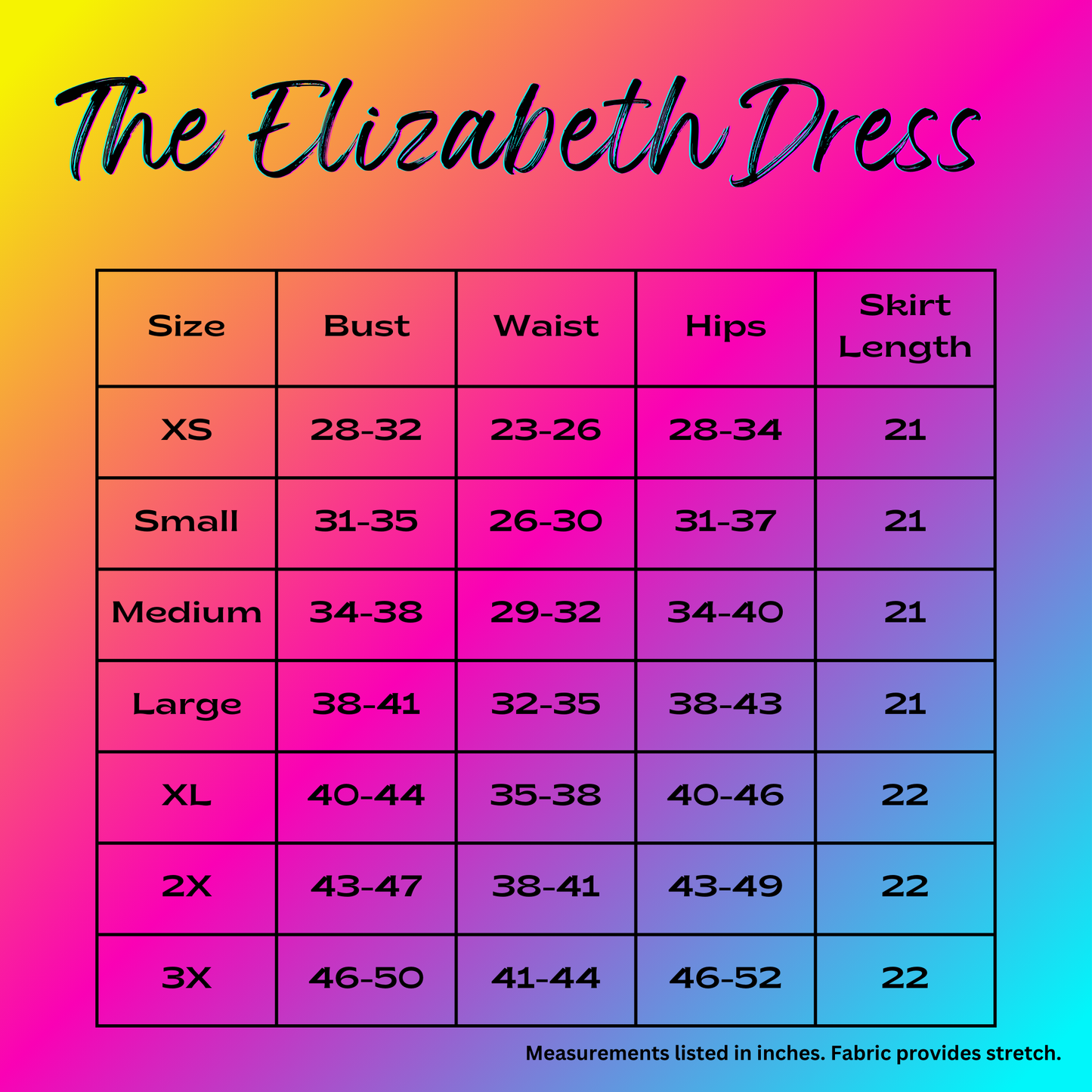 The Elizabeth Dress size chart