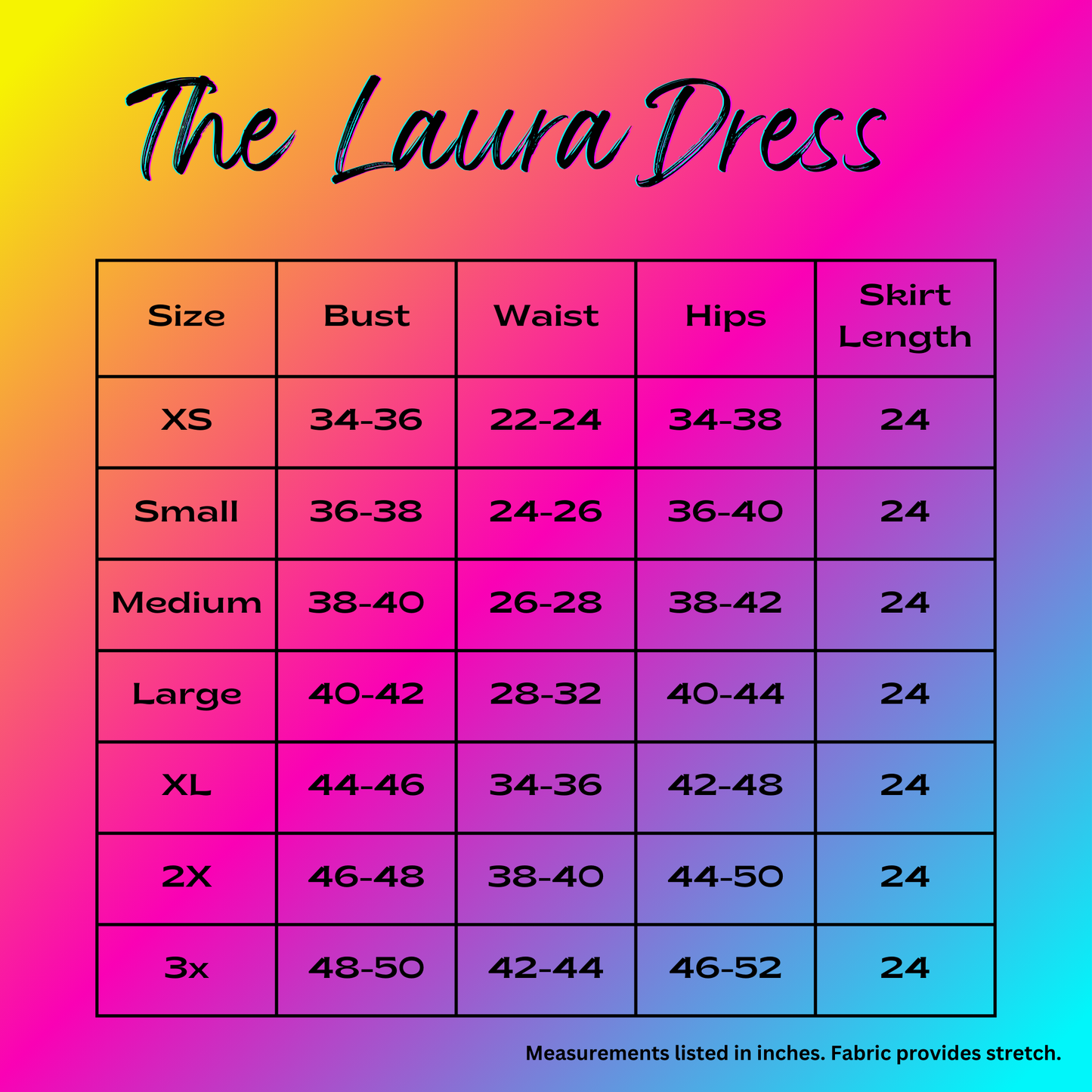 The Laura Dress size chart
