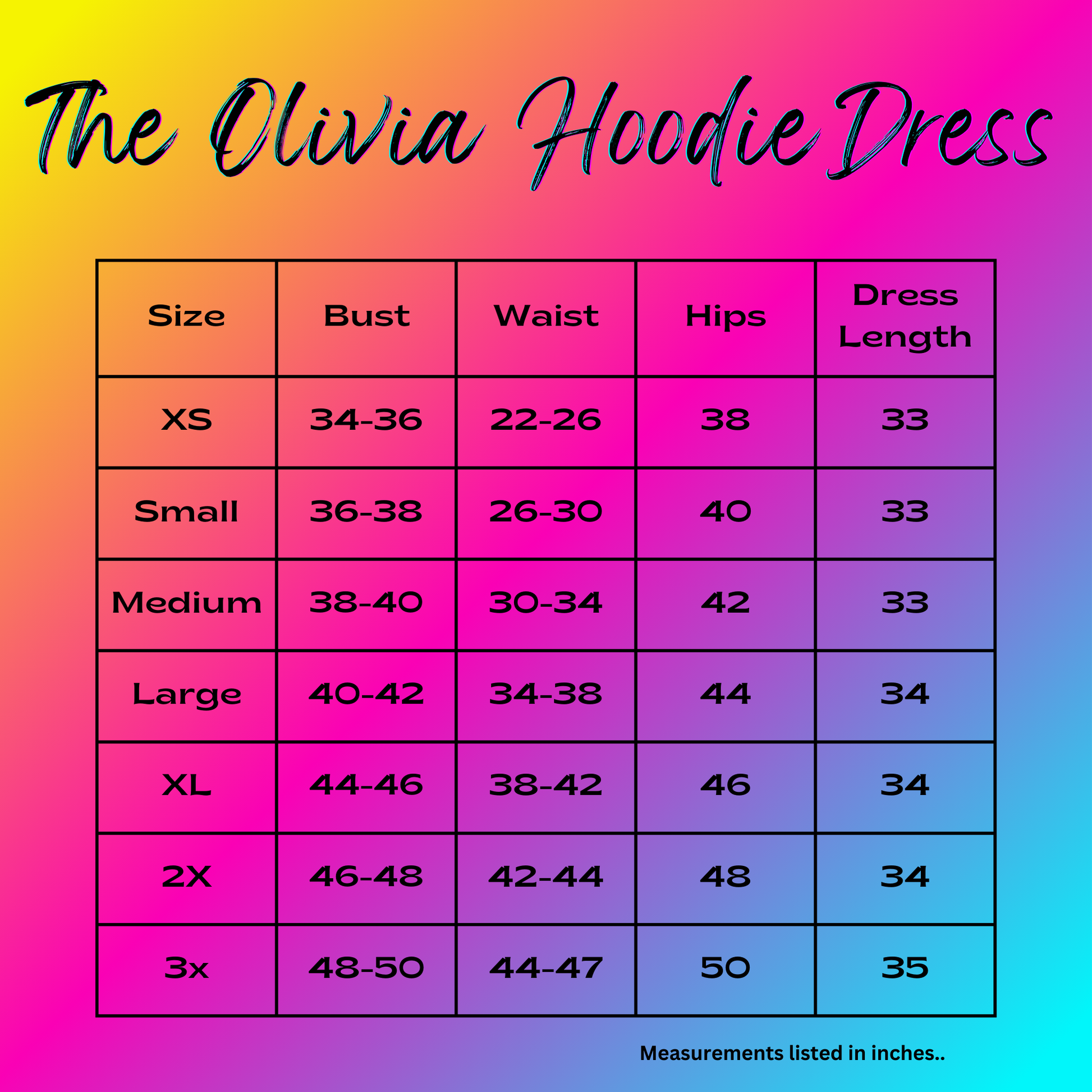 The Olivia Dress Size Chart