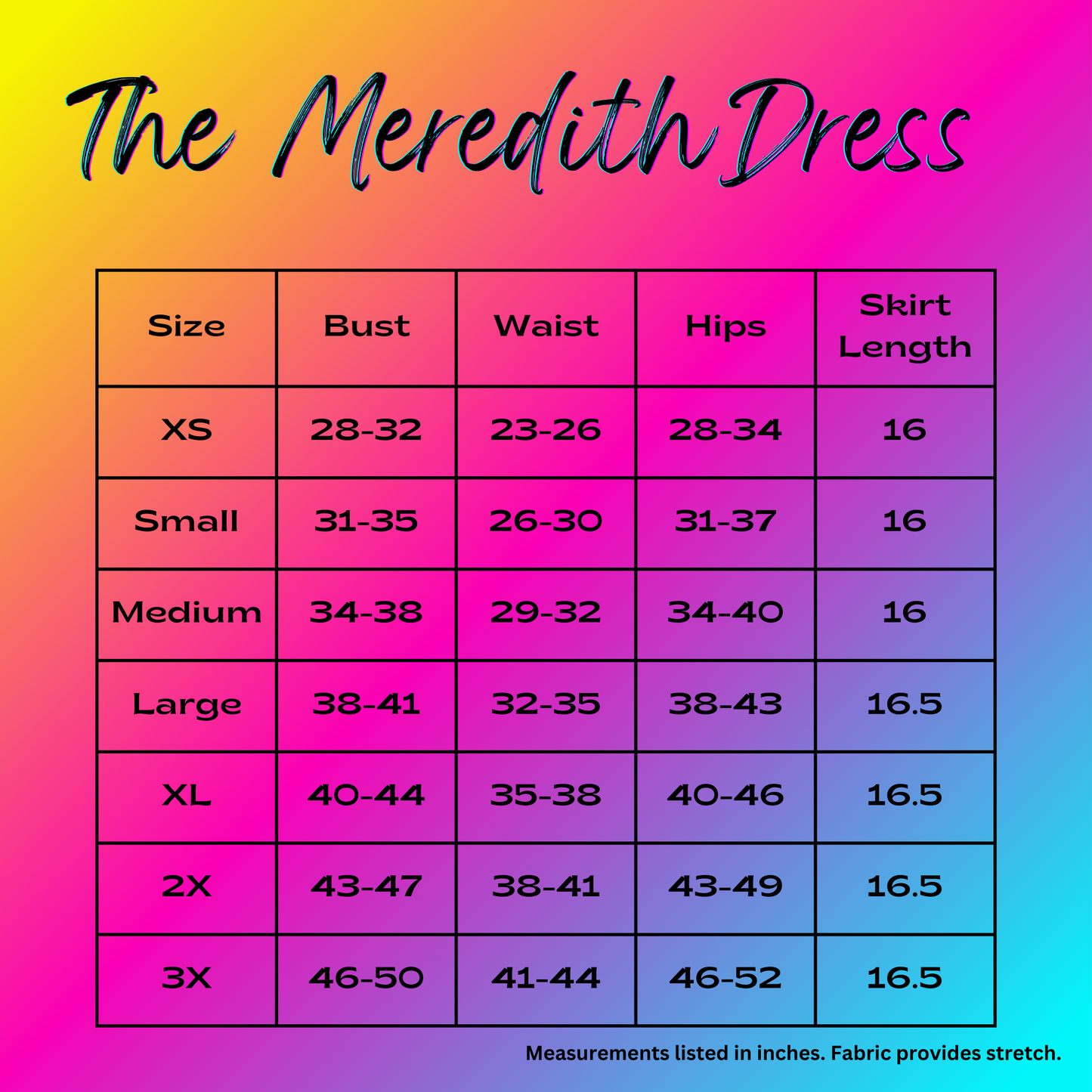 The Meredith Dress Size Chart