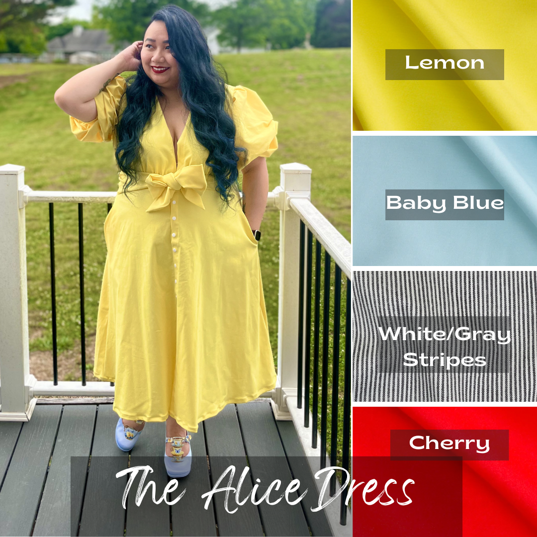 Woman in a yellow dress standing on a deck with color swatches and 'The Alice Dress' branding.