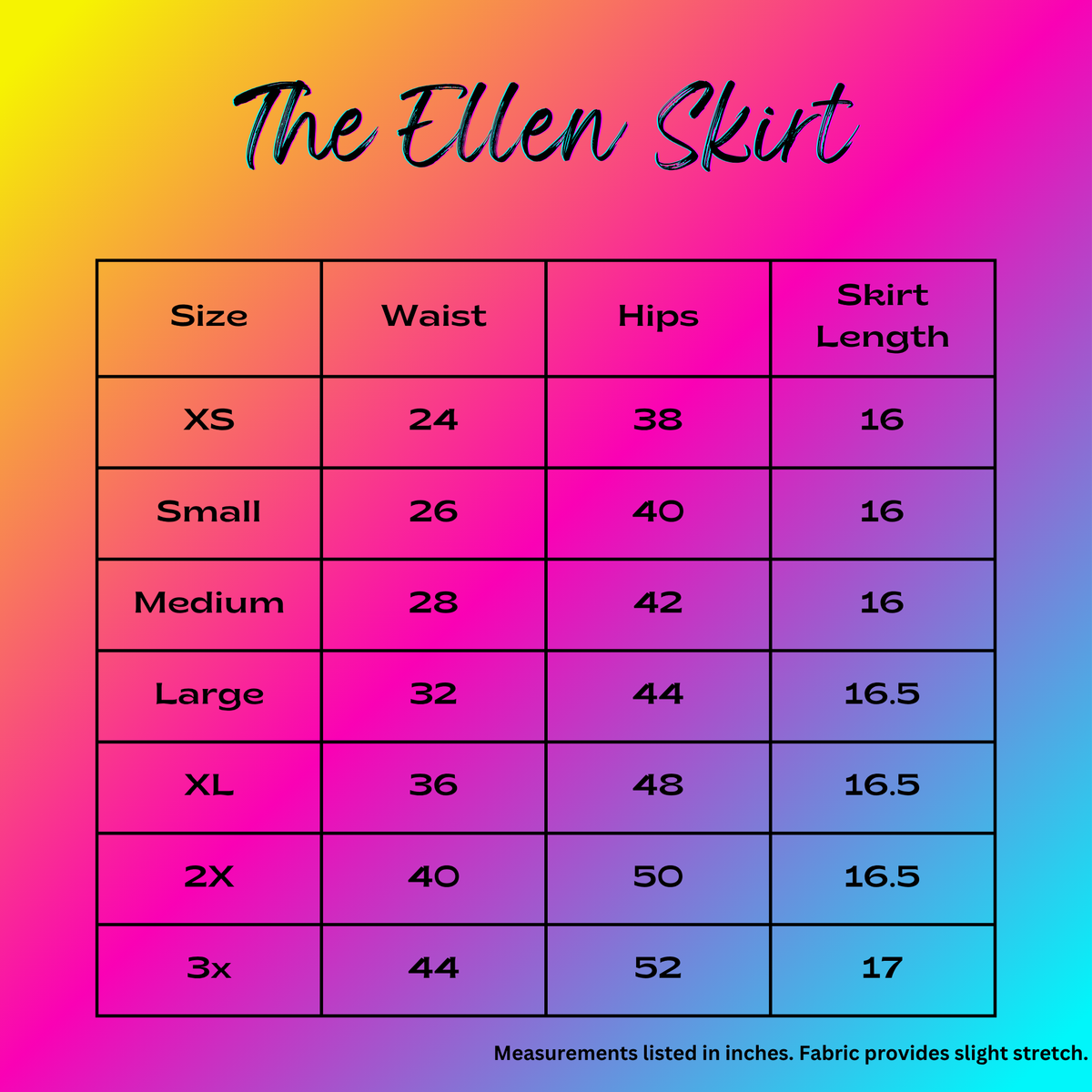 A size chart graphic for 'The Ellen Skirt' with a pink-to-yellow gradient background. The chart lists sizes XS through 3X, waist measurements in inches, hip measurements in inches, and skirt length in inches.