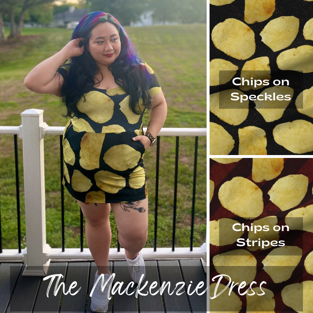 woman standing on a deck in front of a lawn wearing a potato chip print dress