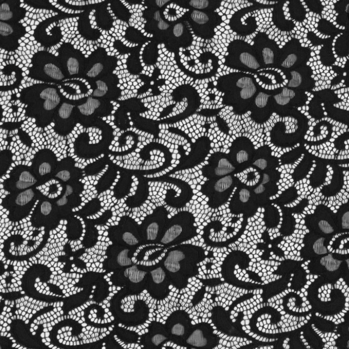 Black floral lace fabric with an intricate repeating pattern of flowers and swirling scrollwork over a light background.