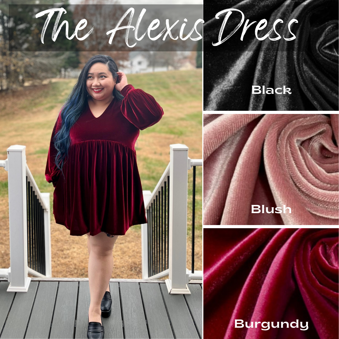 the Alexis dress, velvet flows mini dress with bishop sleeves, casstasstrophe, shop casstastrophe, casstastropheshop.com, black, blush, burgundy