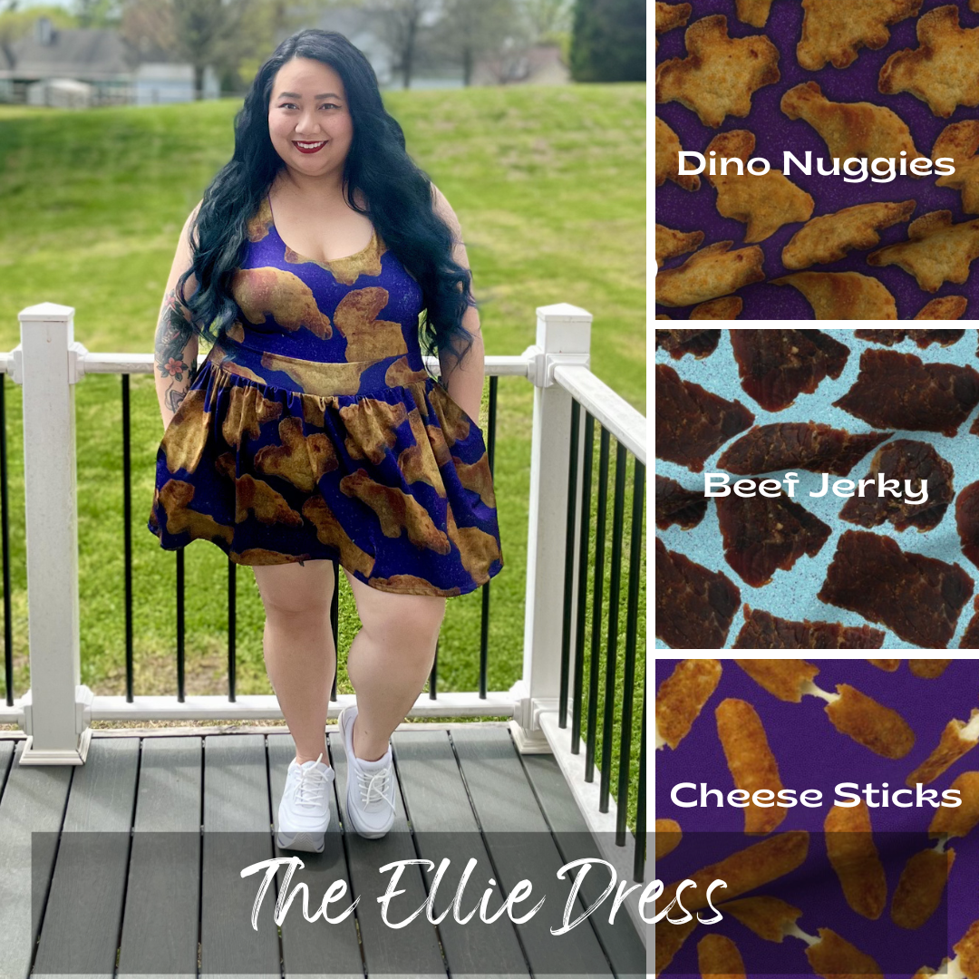 Woman wearing a dress with Dino nuggies pattern on a deck, with inset images of 'Dino Nuggies', 'Beef Jerky', and 'Cheese Sticks'.