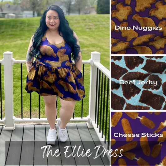 Woman wearing a dress with Dino nuggies pattern on a deck, with inset images of 'Dino Nuggies', 'Beef Jerky', and 'Cheese Sticks'.