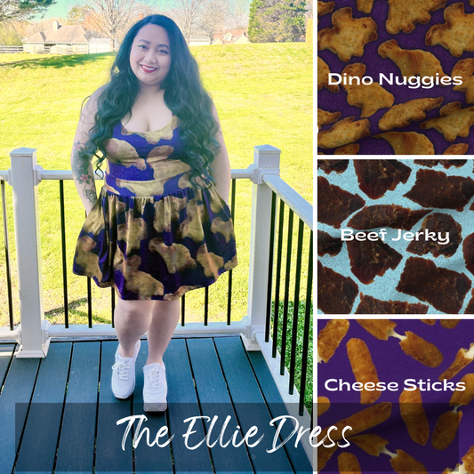 Woman wearing a dress with Dino nuggies pattern on a deck, with inset images of 'Dino Nuggies', 'Beef Jerky', and 'Cheese Sticks'.