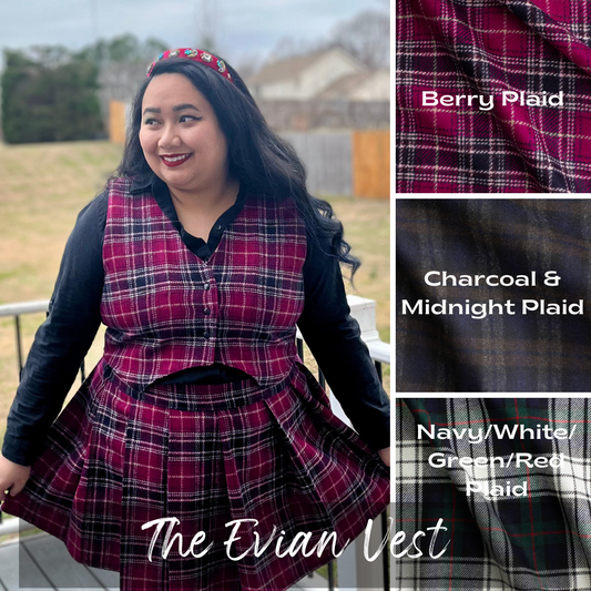 Woman wearing a plaid vest with fabric swatches labeled 'Berry Plaid', 'Charcoal & Midnight Plaid', and 'Navy/White/Green/Red Plaid'.