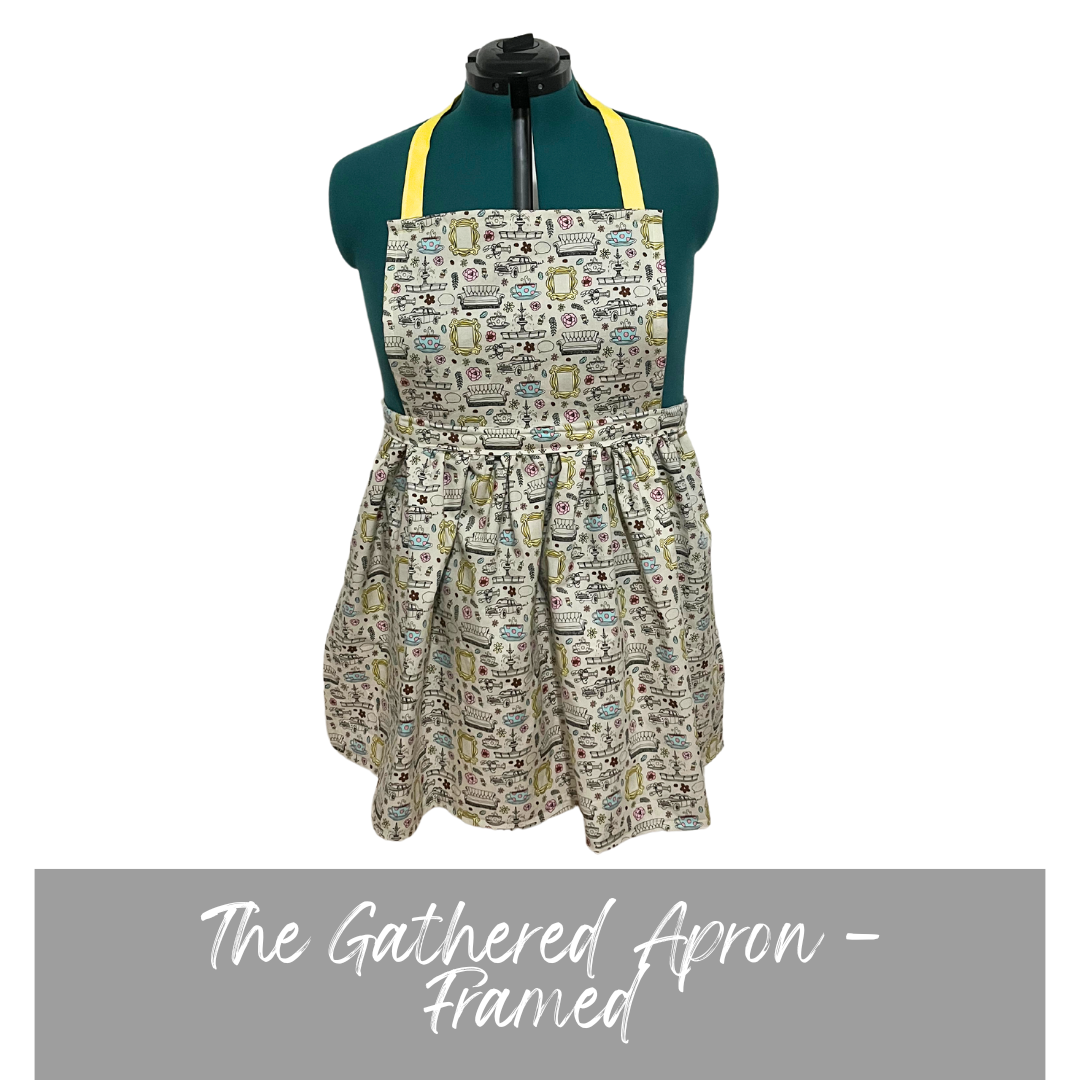 Casstastrophe, Shop Casstastrophe, casstastropheshop.com, apron with gathered skirt, Friends print with brownout white