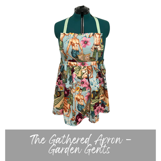 Casstastrophe, Shop Casstastrophe, casstastropheshop.com, apron with gathered skirt, shirtless men gardening print