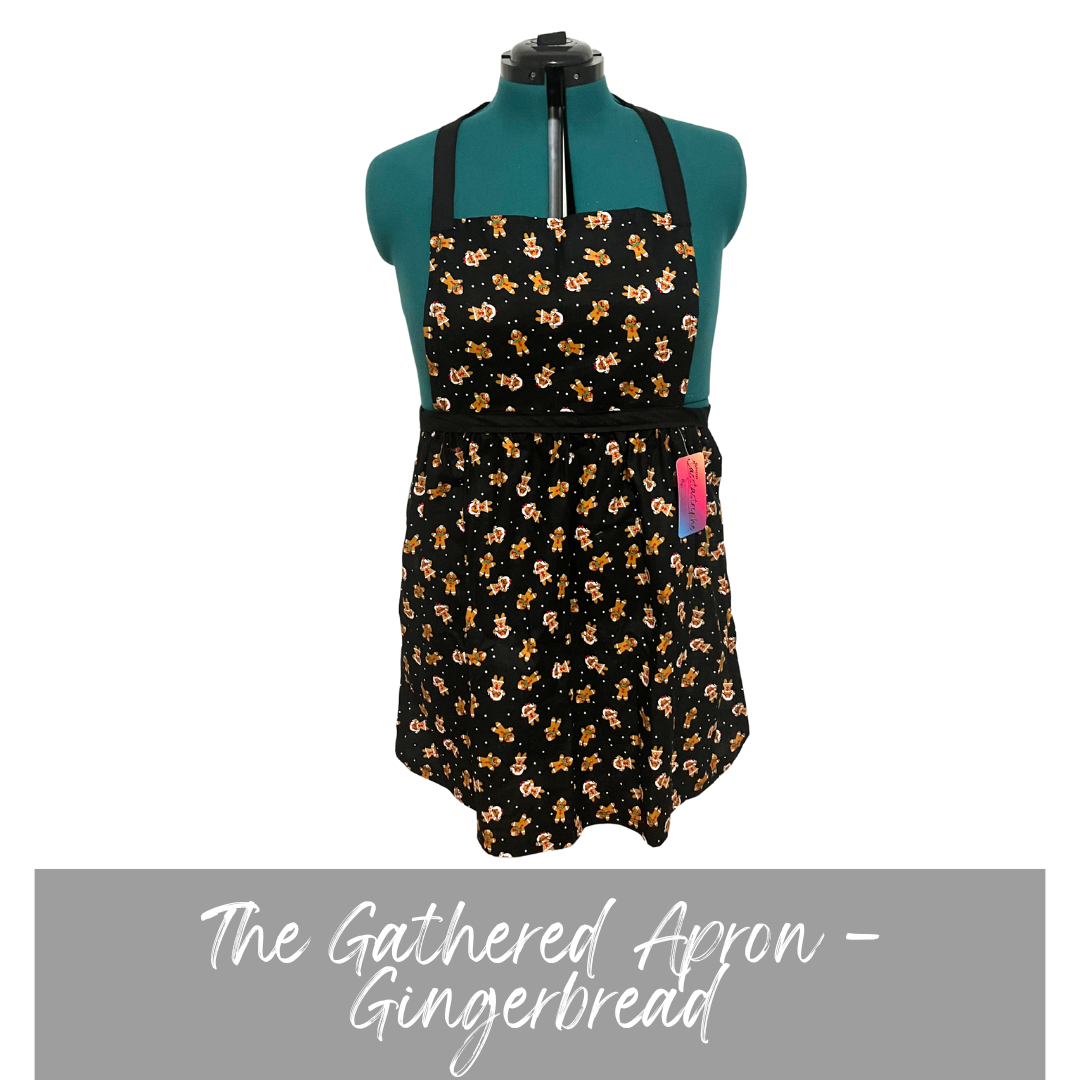 Casstastrophe, Shop Casstastrophe, casstastropheshop.com, apron with gathered skirt, gingerbread people print