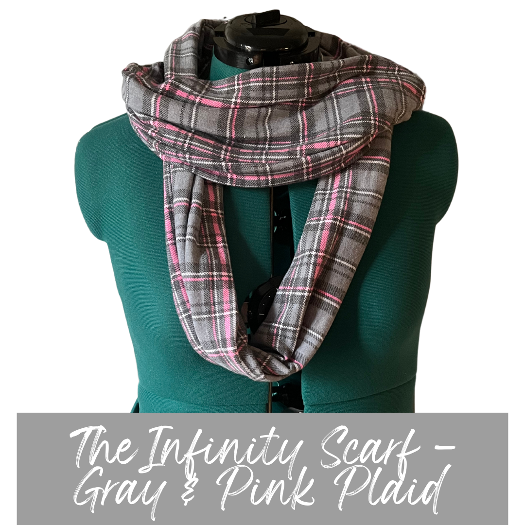 gray and pink plaid infinity scarf, Casstastrophe, Shop Casstastrophe, casstastropheshop.com