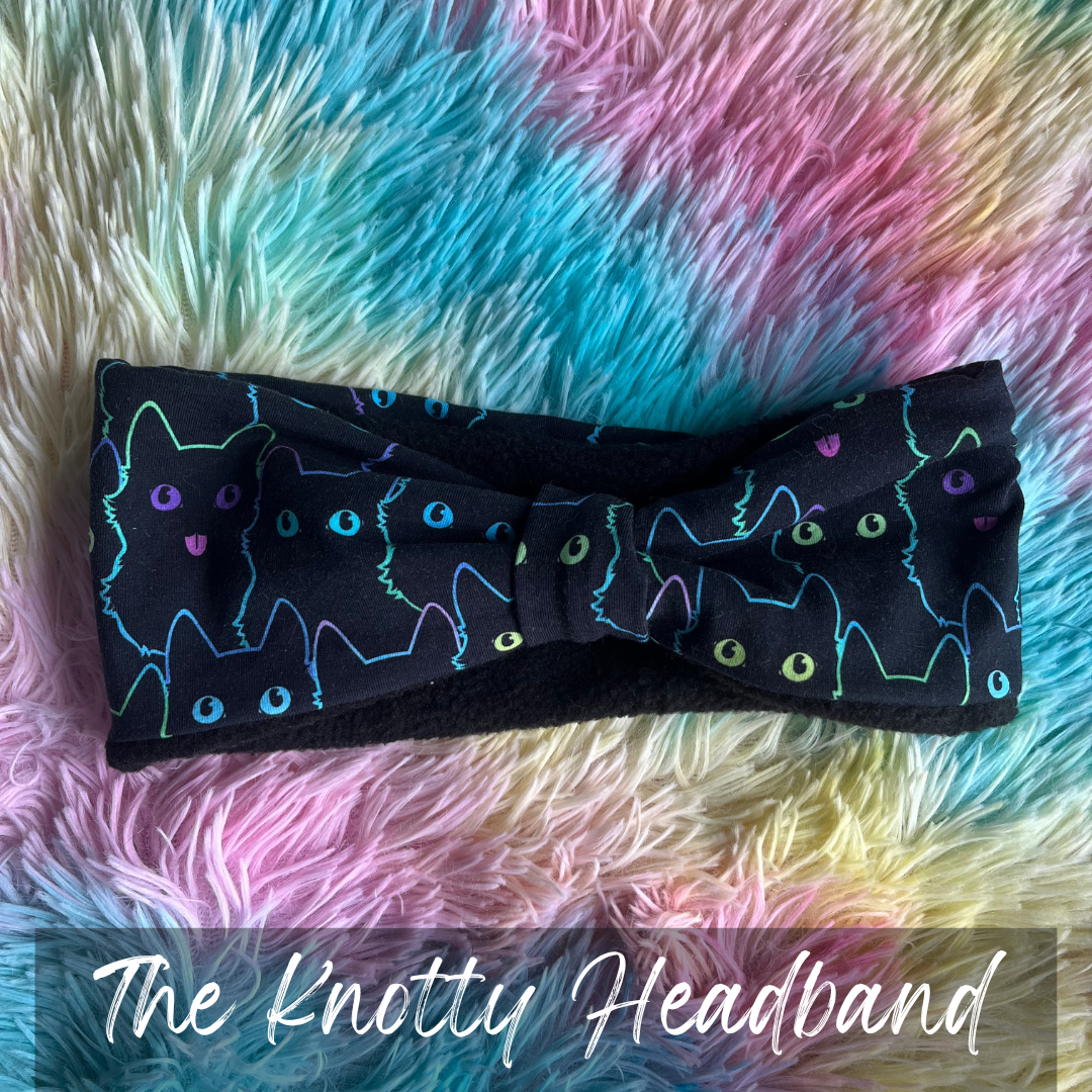 rainbow black cat print knotted headband ear warmer, Casstastrophe, Shop Casstastrophe, Casstastropheshop.com