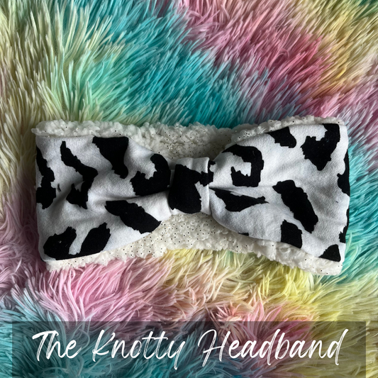 white and black snow leopard print knotted headband ear warmer, Casstastrophe, Shop Casstastrophe, Casstastropheshop.com