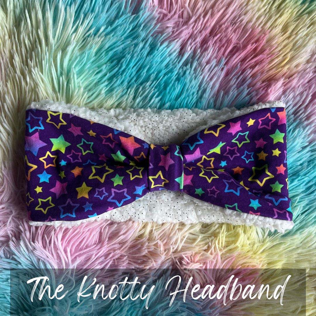 purple and rainbows stars print knotted headband ear warmer, Casstastrophe, Shop Casstastrophe, Casstastropheshop.com