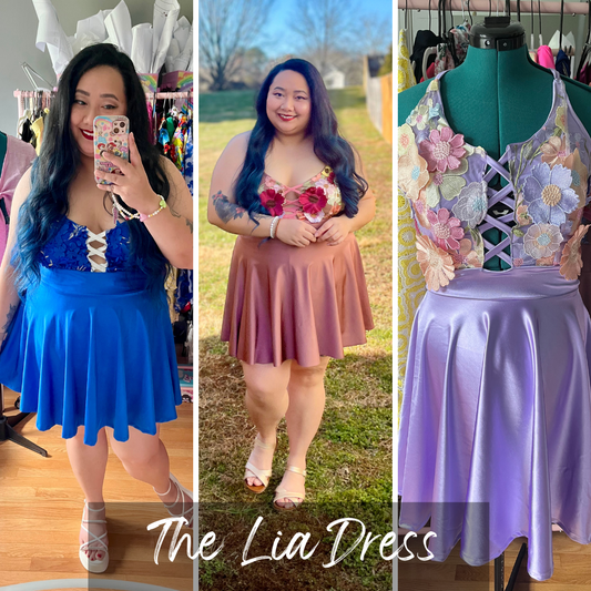 The Lia Dress, dress with lace up floral bodice and circle skirt, available in mauve or lavender