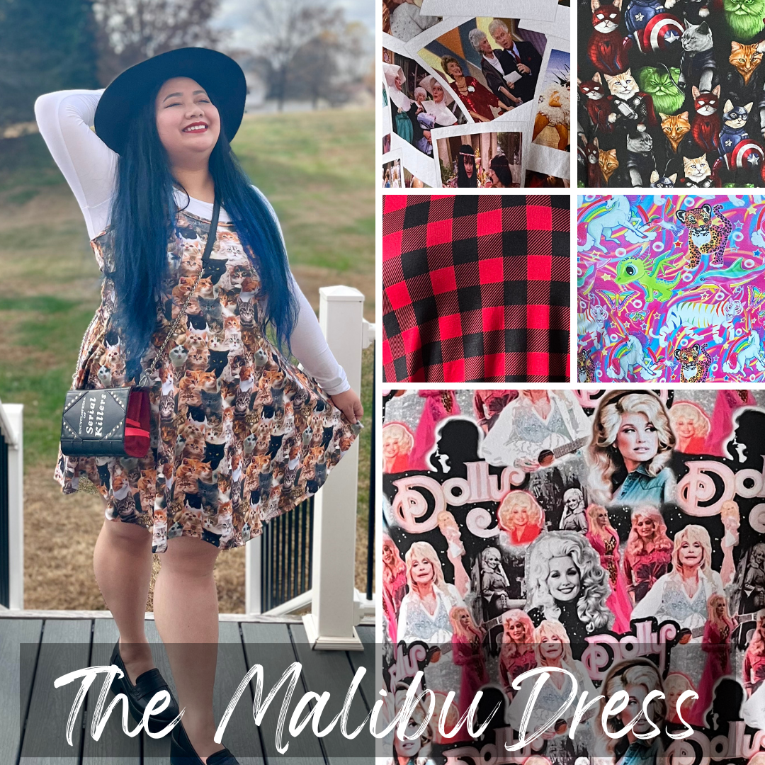 the Malibu dress, casstastrophe, shop casstastrophe, casstastropheshop.com, satanic cats, dolly collage, avenge purrs, pink Lisa, red buffalo plaid, stay golden, golden girls