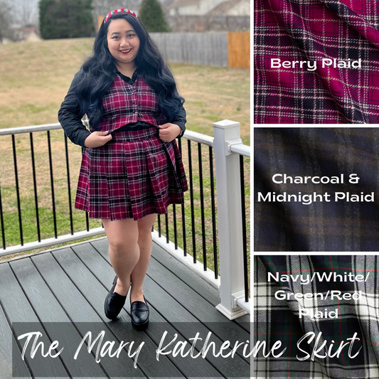 Woman wearing a plaid dress on a deck with fabric swatches labeled 'Berry Plaid', 'Charcoal & Midnight Plaid', and 'Navy/White/Green/Red Plaid'.