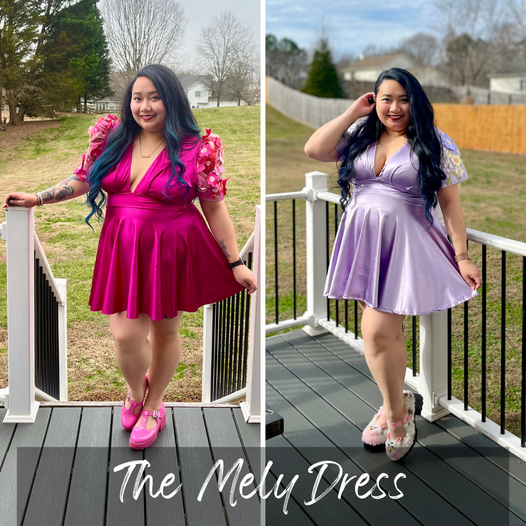 Two women wearing dresses on a deck with 'The Mely Dress' text.