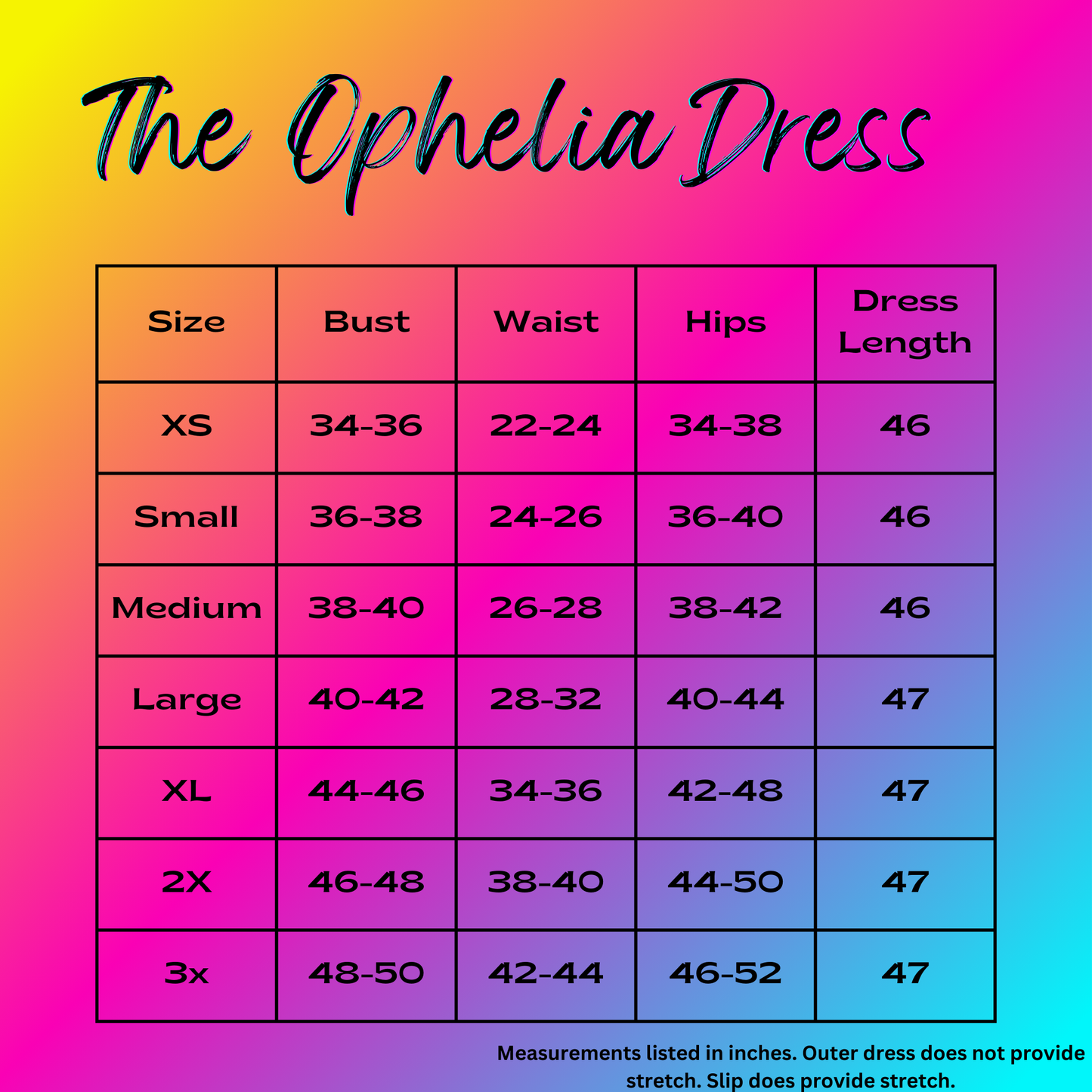 Size chart for 'The Ophelia Dress' with measurements on a gradient background