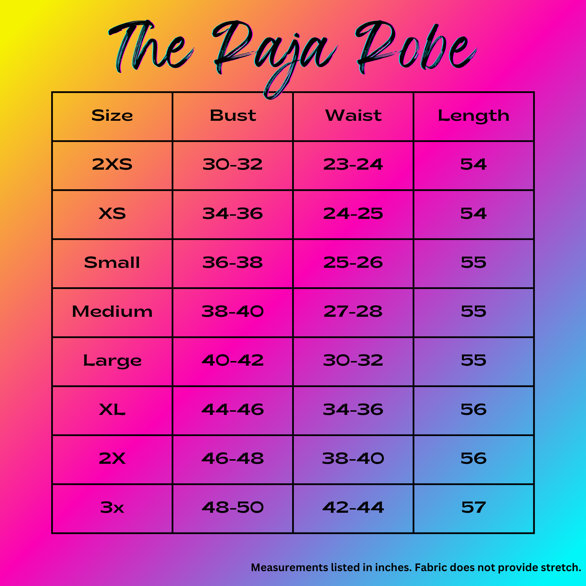size chart for the Raja Robe on a rainbow background
