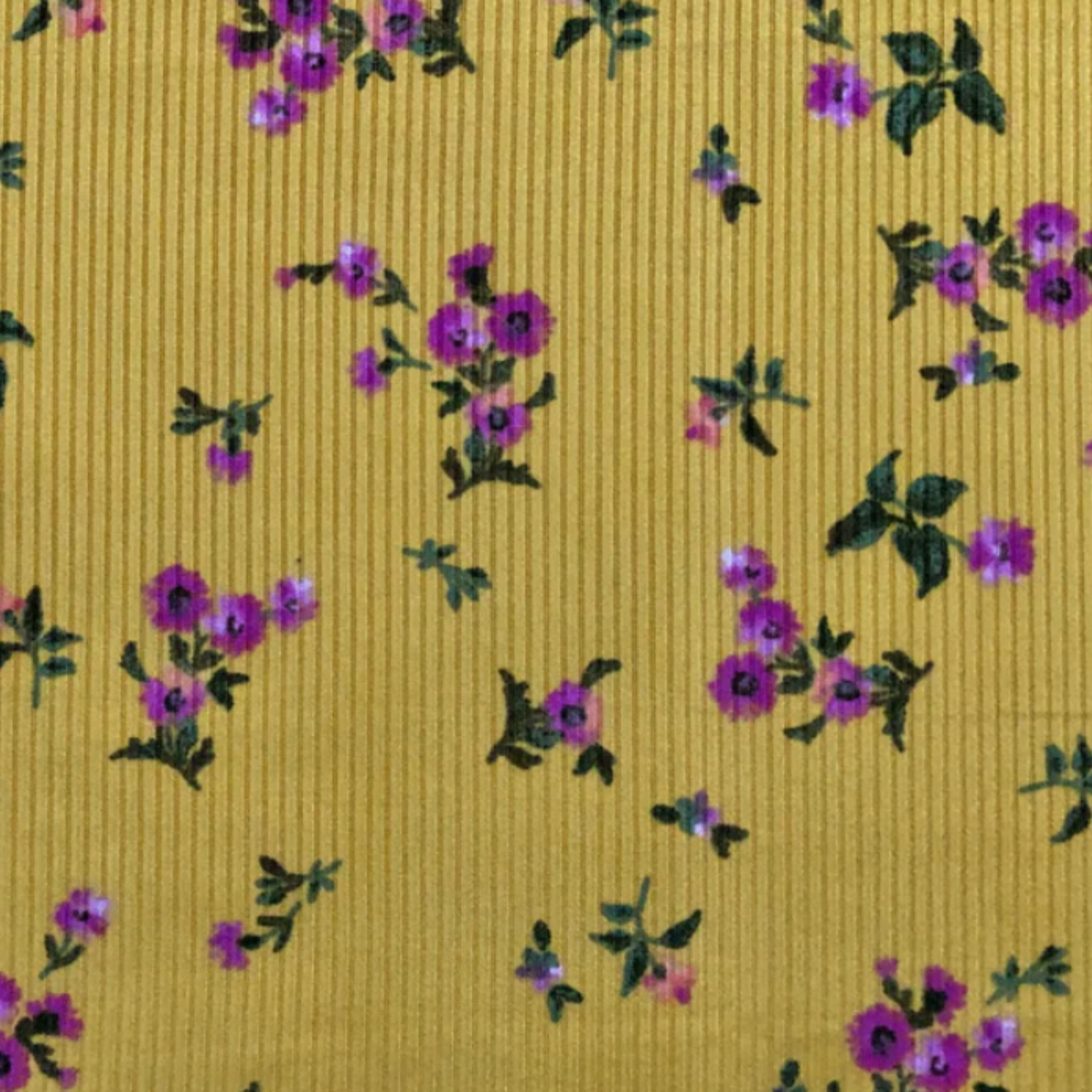 yellow fabric with purple flowers
