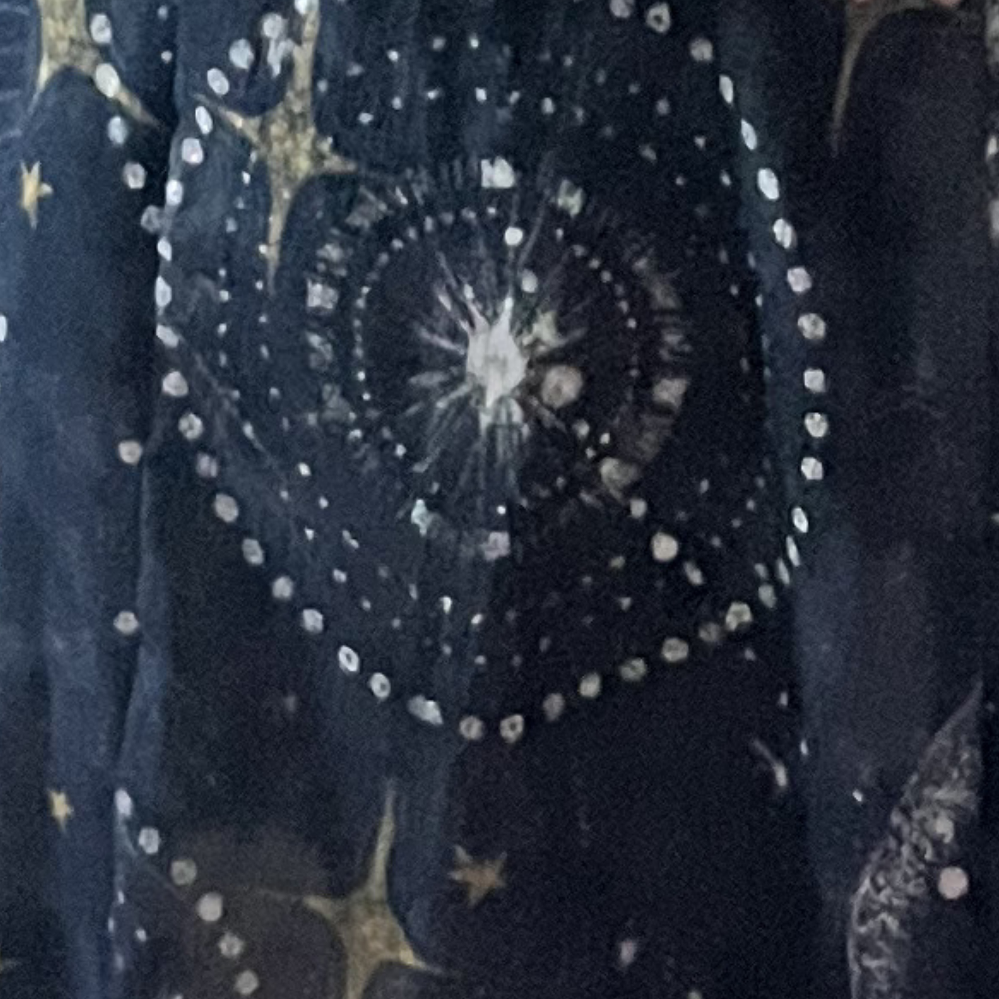 close up of dark navy-charcoal celestial print fabric