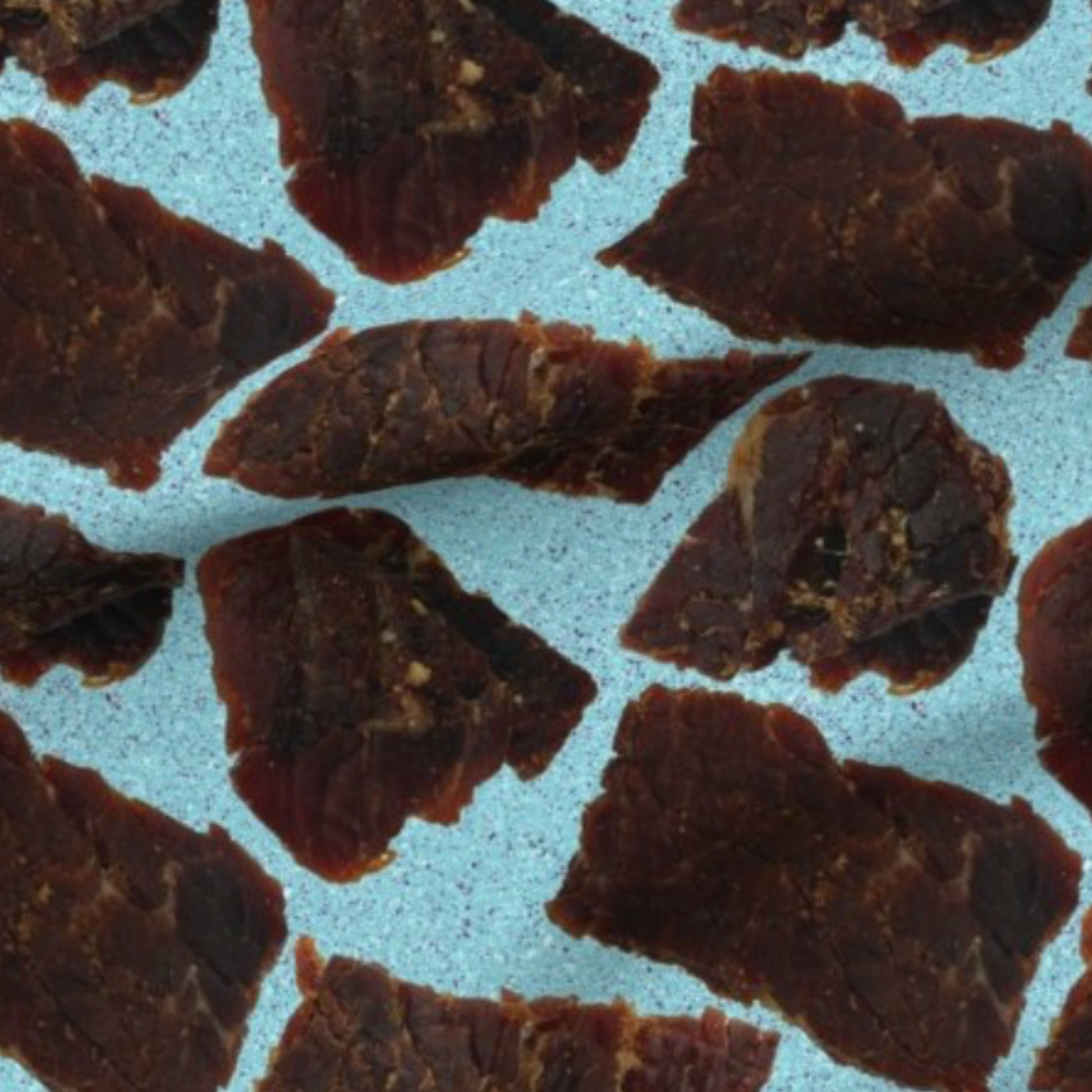 beef jerky print with a light blue background